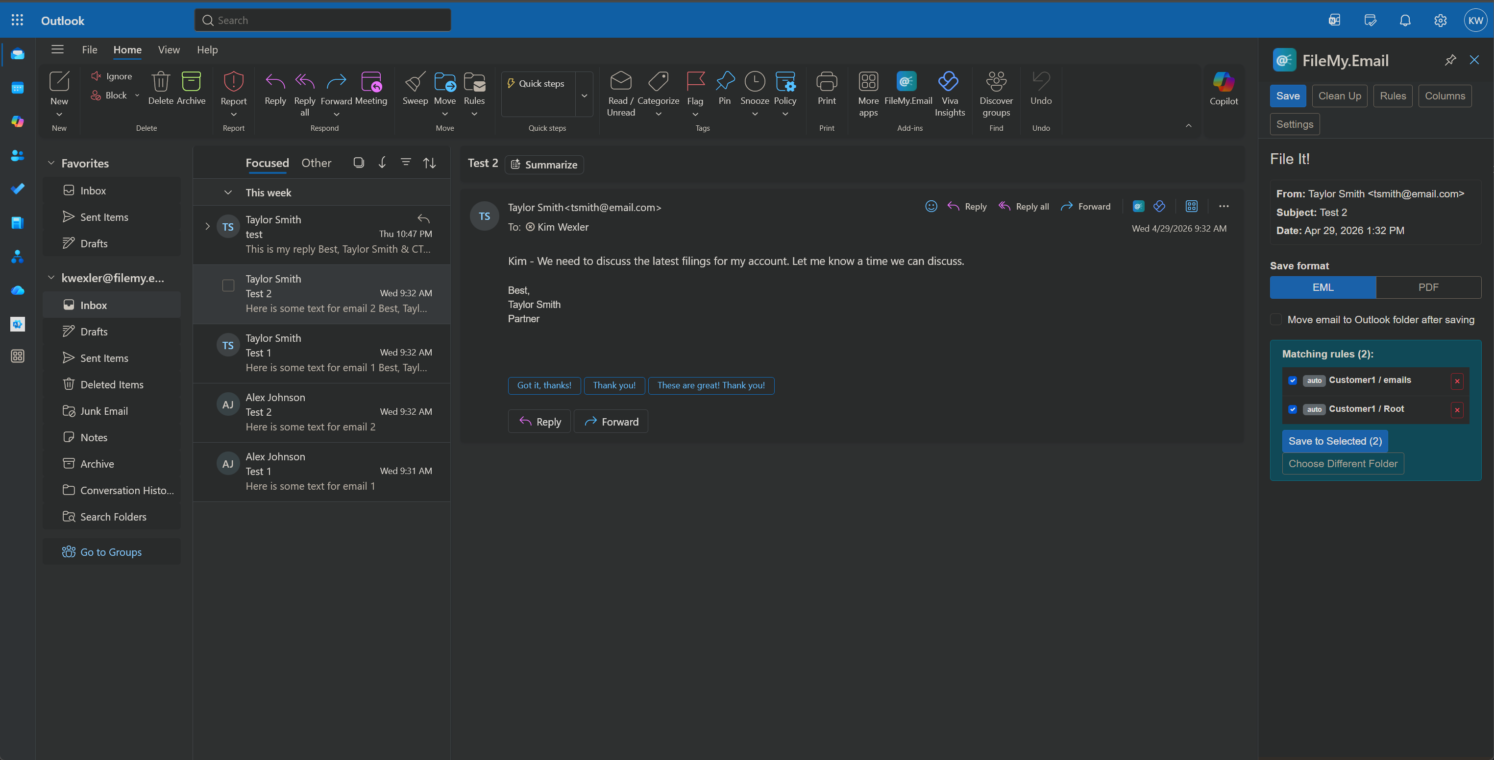 FileMy.Email add-in panel showing folder selection inside Outlook